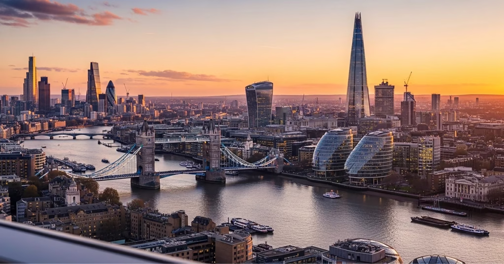 London cityscape showing Thames River, London Eye, and city buildings