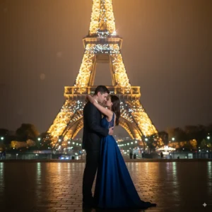 Couple hugging under Eiffel Tower lights at night
