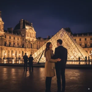 Couple admiring Louvre Museum at night