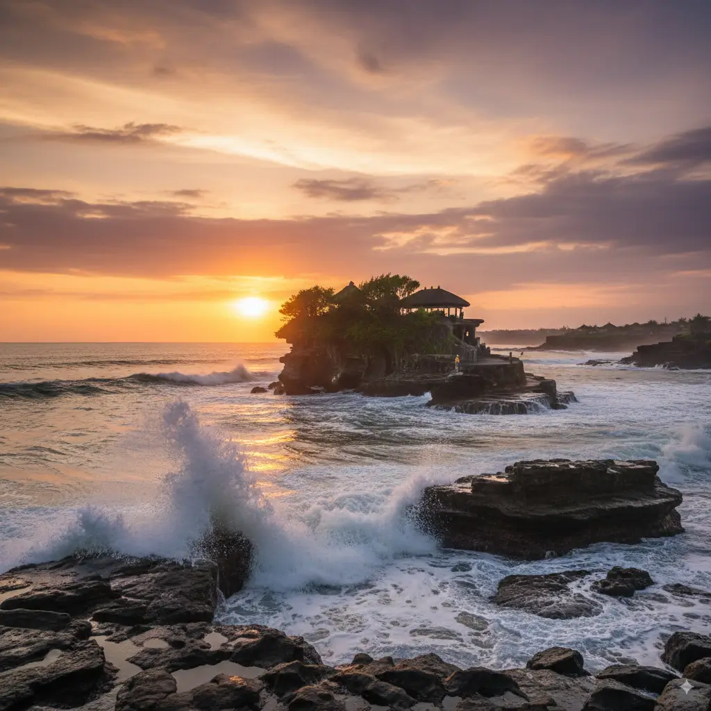 Tanah Lot Temple Bali at sunset with ocean waves – Path To Places 7 Days in Bali Itinerary travel guide