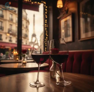Two glasses of red wine in a romantic Paris bar.