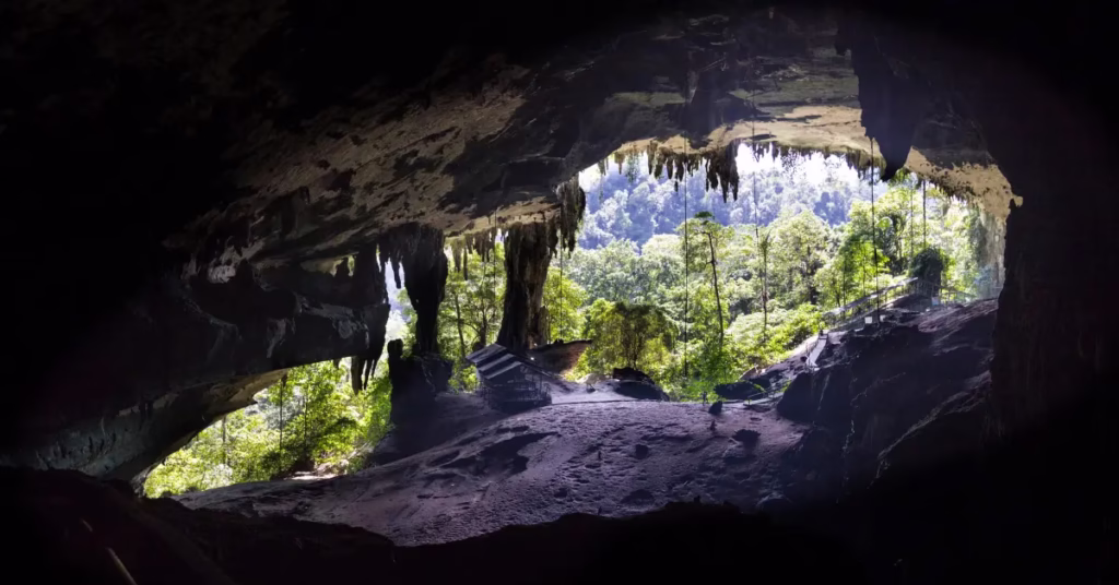 Explorers walking inside Deer Cave in Mulu National Park, Sarawak - Borneo Adventure Travel