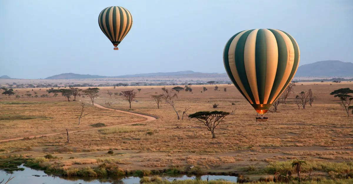 Hot air balloon safari over Serengeti National Park during sunrise in Tanzania