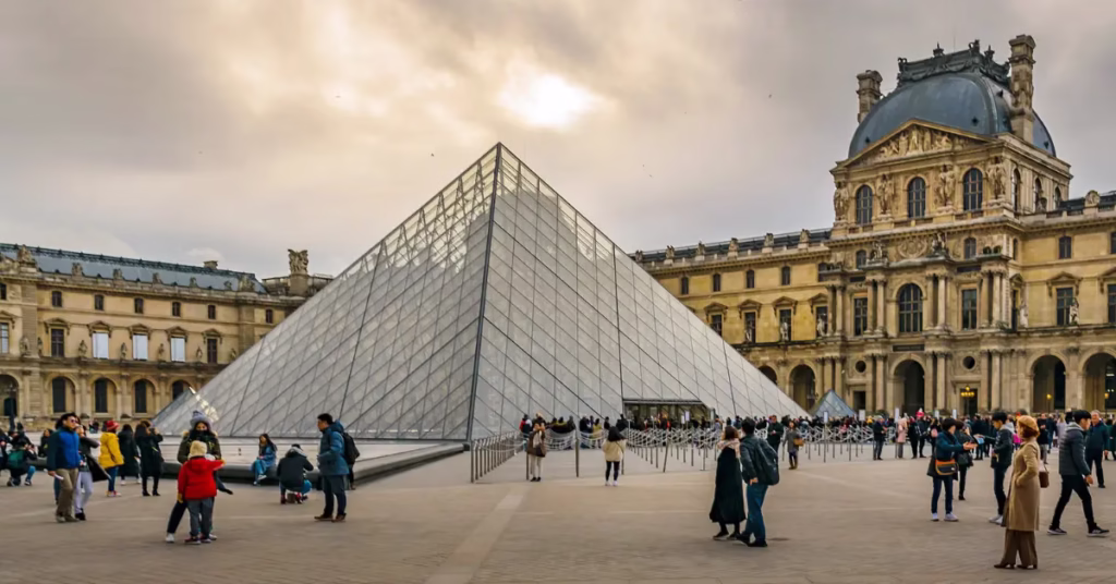 Louvre Pyramid glowing at night in Paris with quiet courtyard surroundings.
