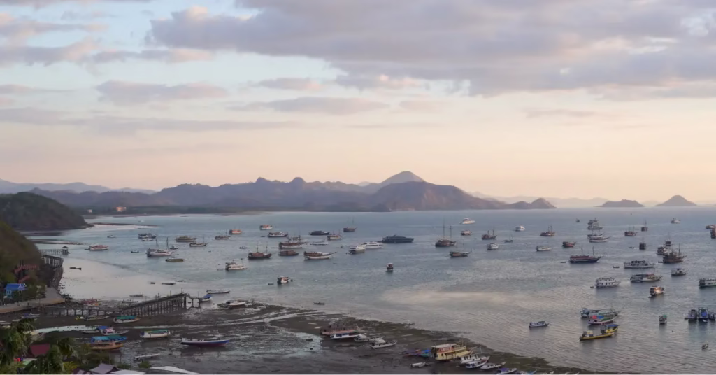 Boats docked at Labuan Bajo marina with sunset reflections