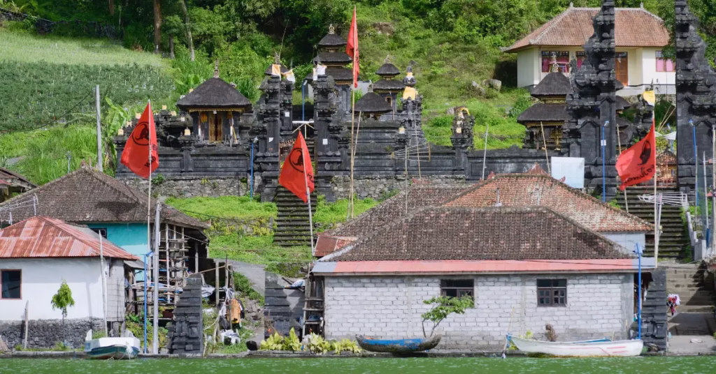 Panoramic view of Lake Batur and Trunyan village from the hill ridge
