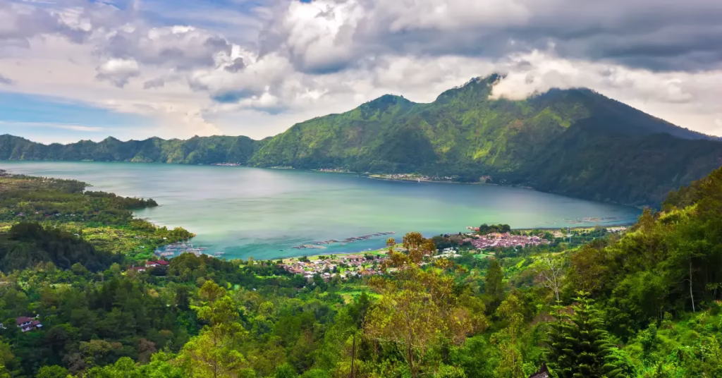 View of Lake Batur, Mount Abang, and surrounding hills