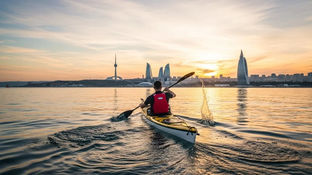 Kayaking along Caspian Sea during Baku adventure travel