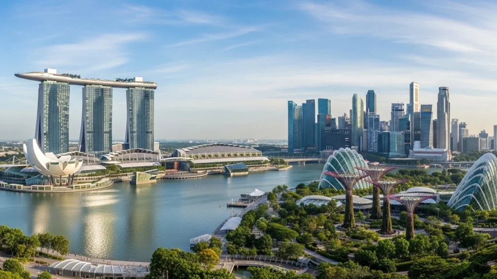 Panoramic view of Singapore skyline featuring Marina Bay Sands and Gardens by the Bay