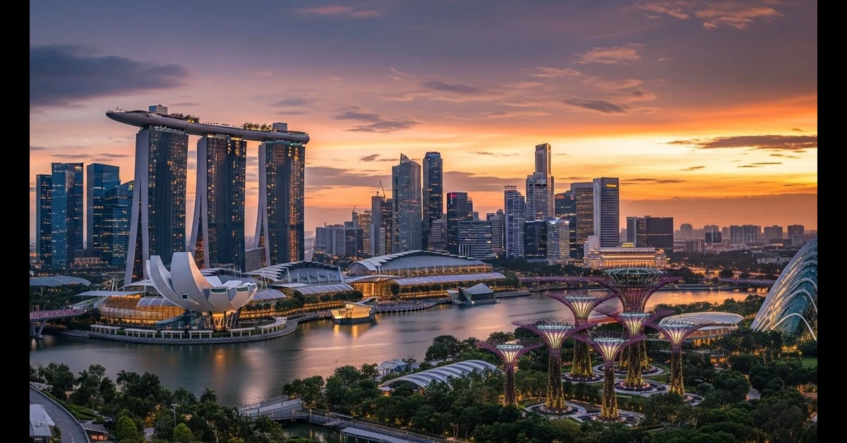 Sunset view of Marina Bay Sands and Supertrees, highlighting top places to visit in Singapore