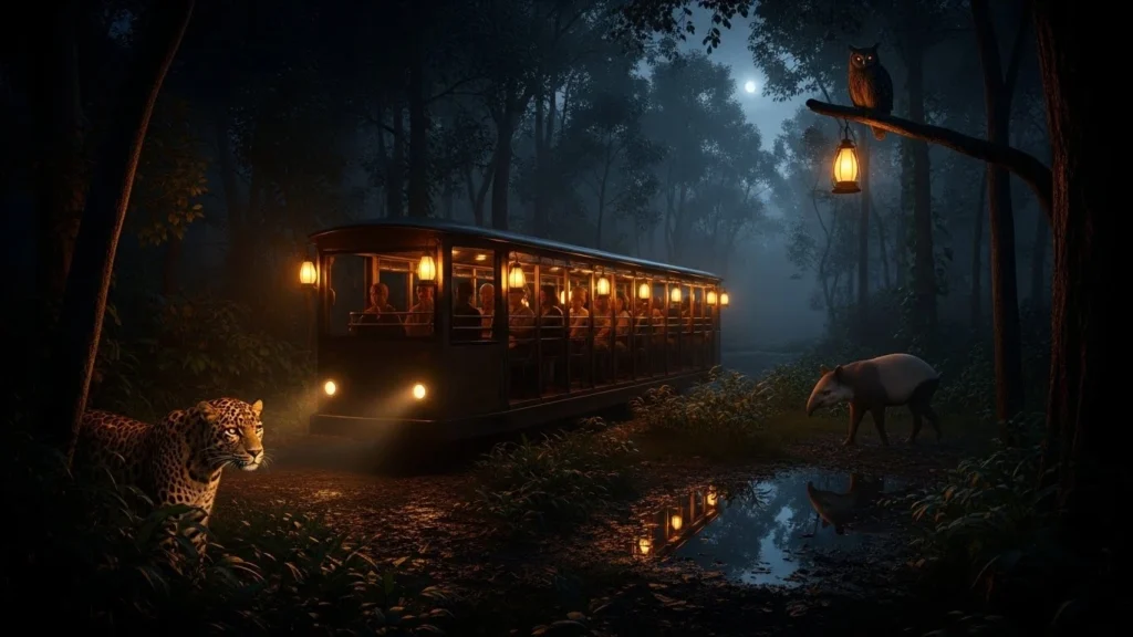  Singapore Night Safari tram ride with nocturnal animals and illuminated path