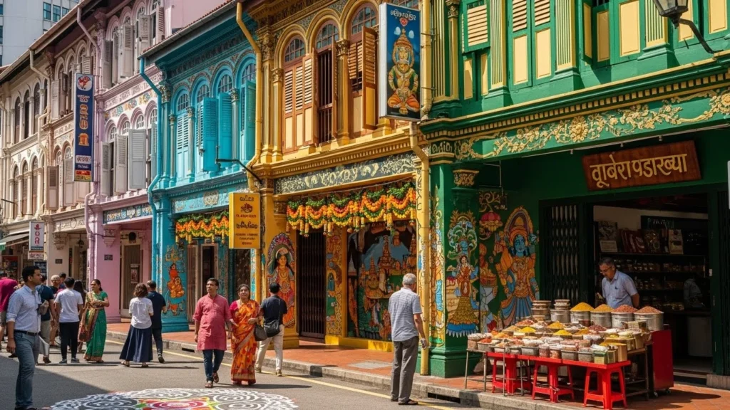 Vibrant Little India street in Singapore with colorful buildings, traditional decorations, and lively market atmosphere
