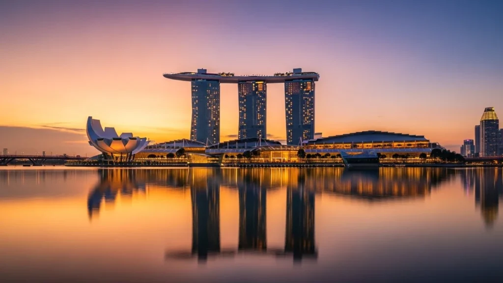 Marina Bay Sands and waterfront skyline of Singapore at sunset